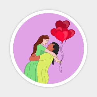 Women Couple Hugging While Holding Heart Shaped Balloons Magnet